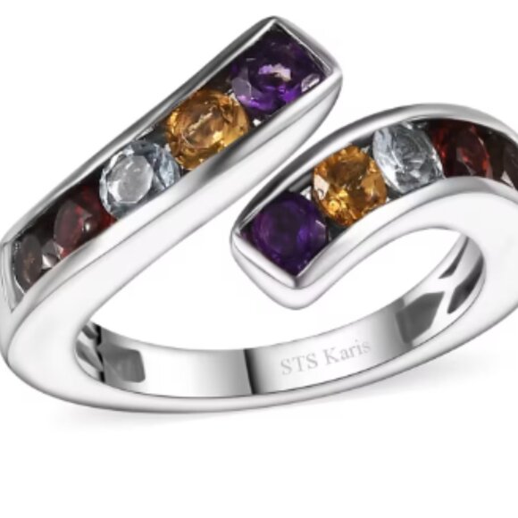 Multi Gemstone 1.25 ctw Bypass Ring in Platinum Bond - Picture 1 of 4